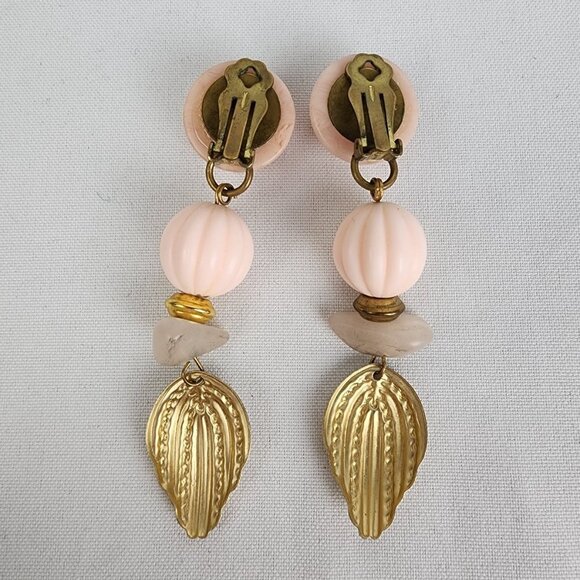 Vintage Pink Beaded Gold Leaf Clip On Earrings - Picture 4 of 5